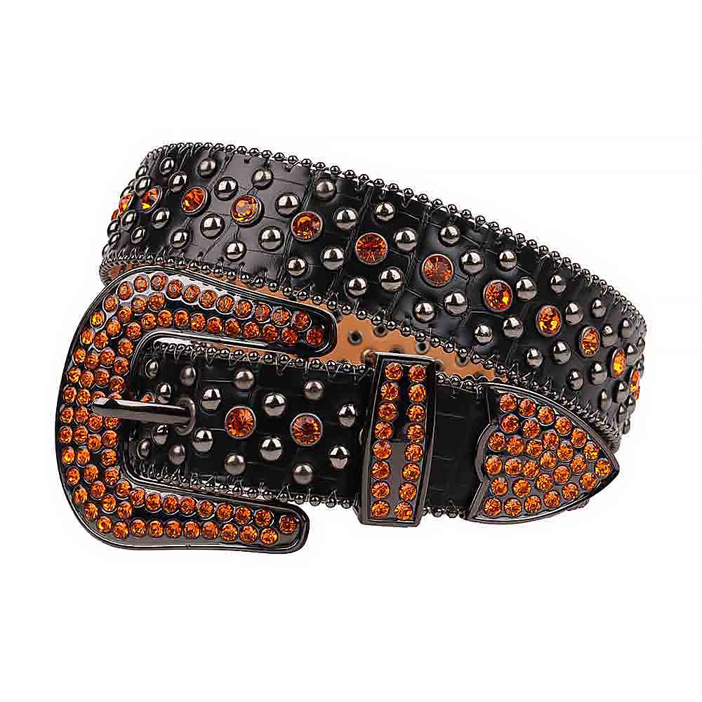 Rhinestones Leather Belt Black With Studs And Orange Stones