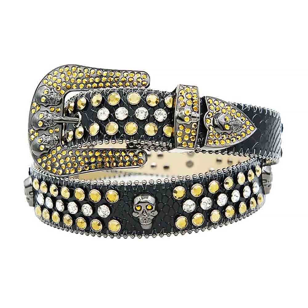 Rhinestones Leather Belt Black with 7 Skulls, Gold and White Stones