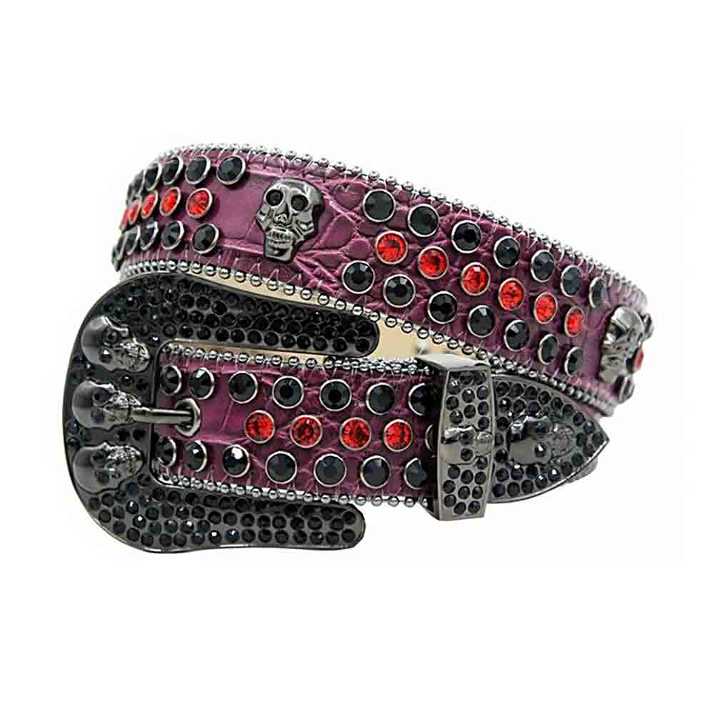 Rhinestones Leather Belt   Black with 7 Skulls, Red and Black Stones