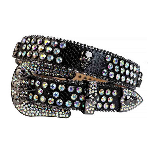 Rhinestones Leather Belt   Black with 7 Skulls and Mutli Stones