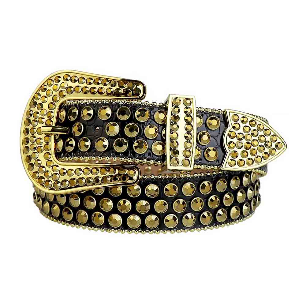 Rhinestones Leather Belt Black with Shining Golden Stones