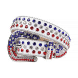 Rhinestones Leather Belt   White With White And Red Blue Stones