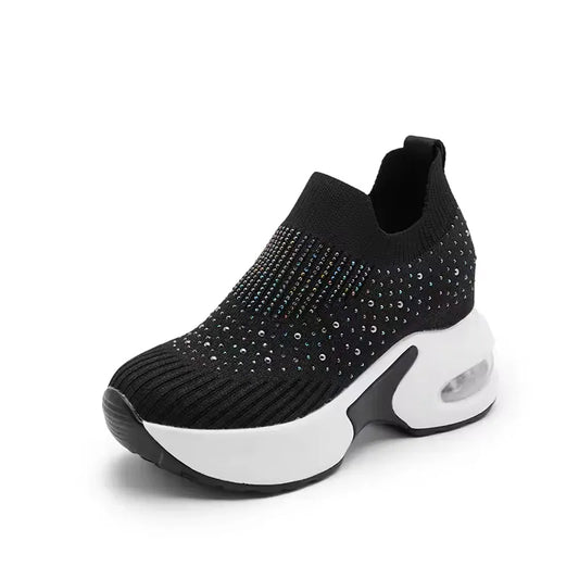 Women’s Rhinestone Platform Slip-On Sneakers - Lightweight Breathable Air Cushion Shoes