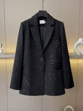 Luxury Black Rhinestone Double Breasted Blazer for Women - High Grade Loose Fit Suit Jacket