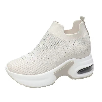 Women’s Rhinestone Platform Slip-On Sneakers - Lightweight Breathable Air Cushion Shoes
