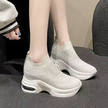Women’s Rhinestone Platform Slip-On Sneakers - Lightweight Breathable Air Cushion Shoes