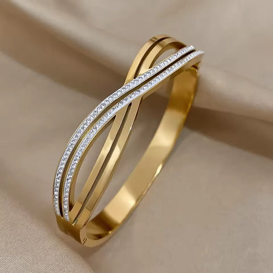 Chunky Gold and silver Plated Rhinestone Wide Cuff Bangle Bracelet for Women - Waterproof Stainless Steel Statement Jewelry