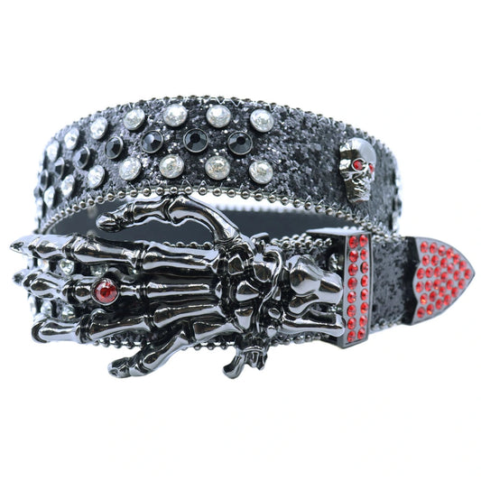 Skull Rhinestone Western Belt with Skeleton Hand Buckle