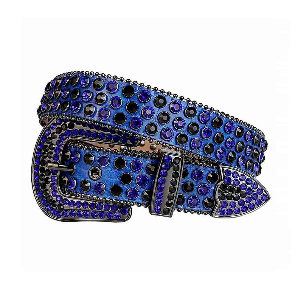 Rhinestones Leather Belt   Blue with Blue Stones