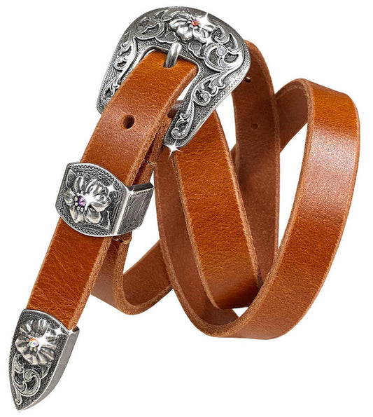 Western Leather Rhinestone Antique Floral Engraved Buckle Belt