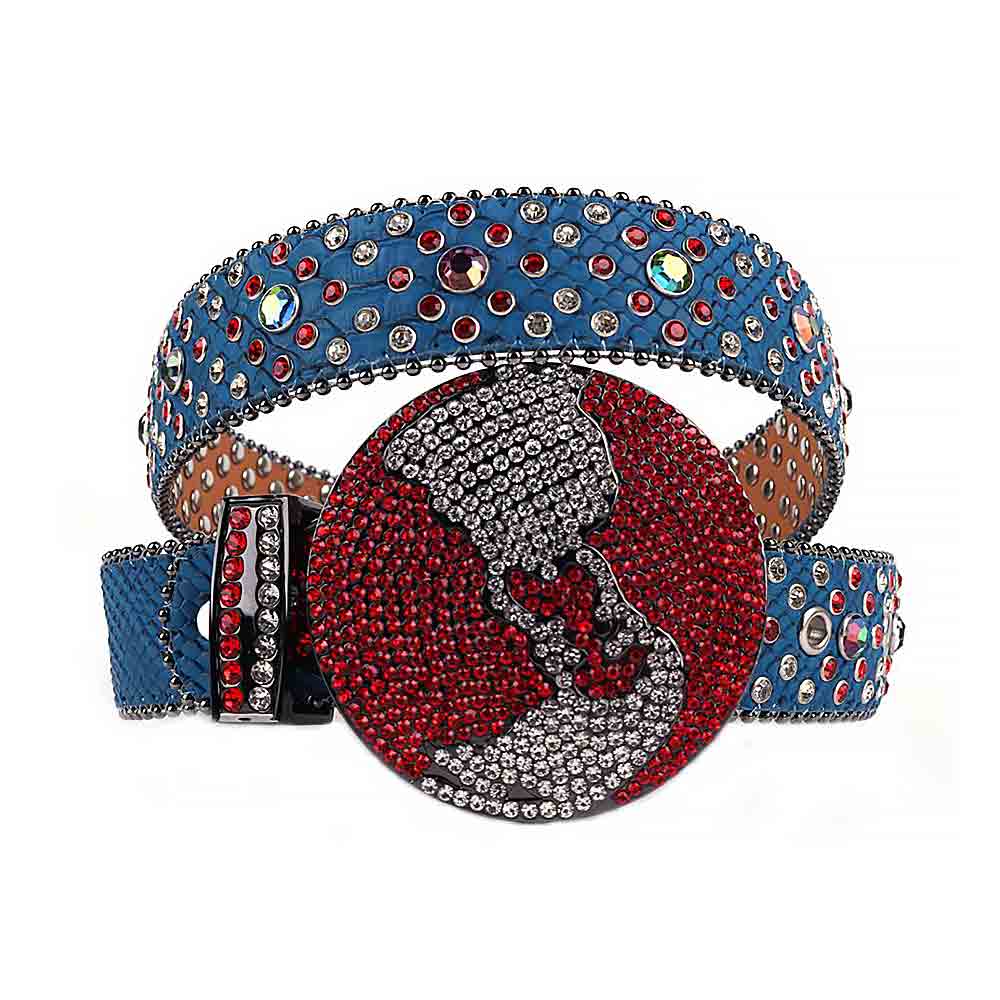 World Globe Blue Strap With Red & Transparent Studded Rhinestone Belt