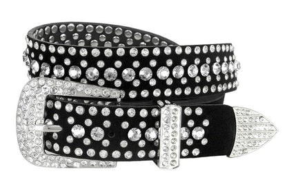 Rhinestone Belt Fashion Western Bling Crystal Studded Design Suede Leather Belt 1-3/8"(35mm) Wide