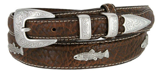 Western Silver Engraved Fish Conchos Belt Genuine Leather Ranger Belt