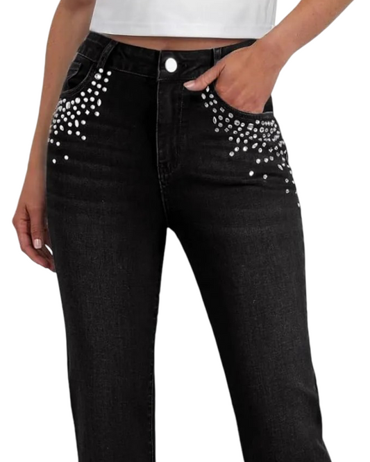 Women’s Rhinestone Straight Leg Jeans - High Waisted Stretch Wide Leg Sparkly Denim Pants