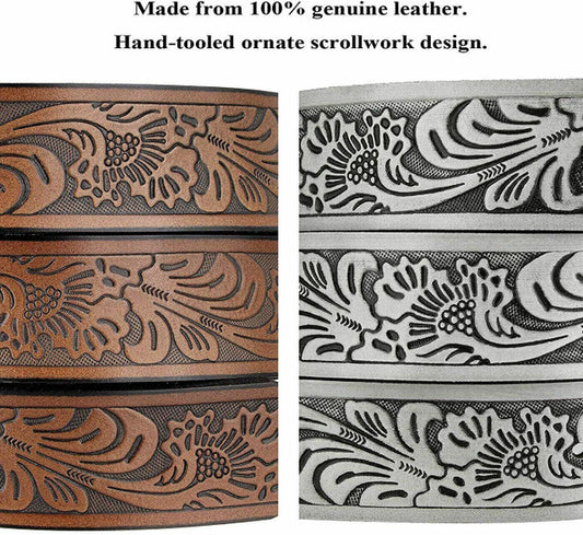 BS220 Western Floral Engraved Embossed Tooled Genuine Leather Belt Strap with Snaps on 1-1/2"(38mm) Wide