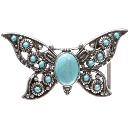 Women's Casual Jean Belt with Perforated Turquoise Stone Butterfly Belt Buckle