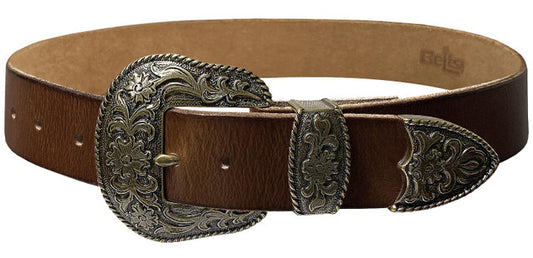 Western Antique Brass Floral Engraved Buckle Genuine Full Grain Leather Casual Jean Belt 1-1/2"(38mm) Wide