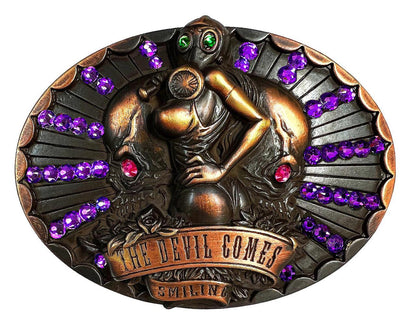 Rhinestone Antique Brass Copper The Devil Comes Smiling Engraved Unique Buckle Fits 1-1/2"(38mm) Belt (Emerald - Fuchsia - Heliotrope)