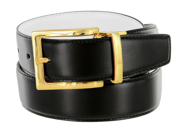 Men's Reversible Belt Gold Buckle Genuine Leather Dress Casual Belt 1-3/8"(35mm) Wide