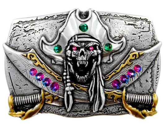 Rhinestone Unique Buckle Antique Pirate Skull Engraved Punk Belt Buckle (Emerald - Lt Rose - Volcano)