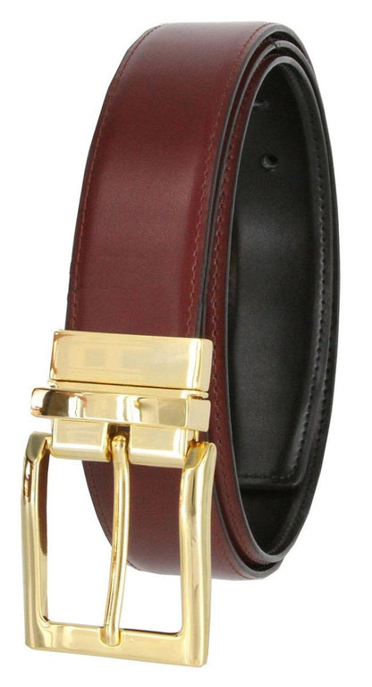 Men's Reversible Belt Gold Buckle Genuine Leather Dress Casual Belt 1-3/8"(35mm) Wide