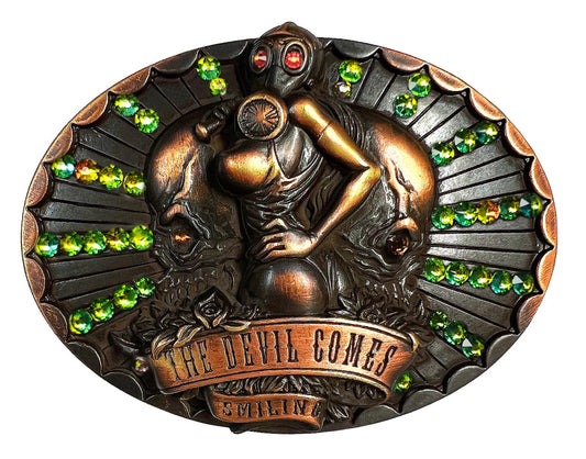 Rhinestone Antique Brass Copper The Devil Comes Smiling Engraved Unique Buckle Fits 1-1/2"(38mm) Belt (Hyacinth-Smoked Topaz-Vitrail