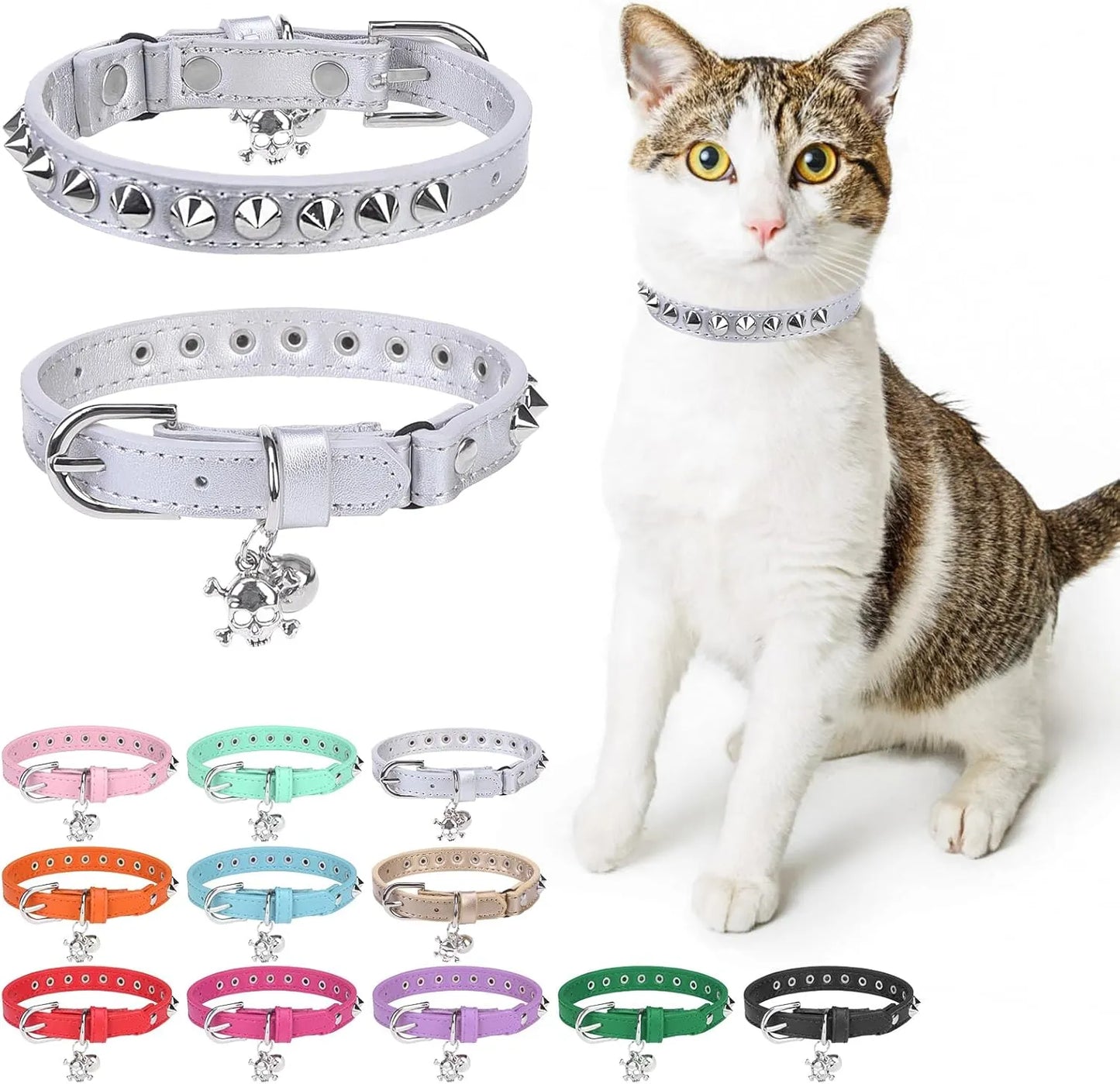 Leather Cat & Small Dog Collar - Studded Skull Charm with Adjustable Safety Buckle and Bell