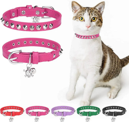 Leather Cat & Small Dog Collar - Studded Skull Charm with Adjustable Safety Buckle and Bell