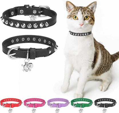 Leather Cat & Small Dog Collar - Studded Skull Charm with Adjustable Safety Buckle and Bell