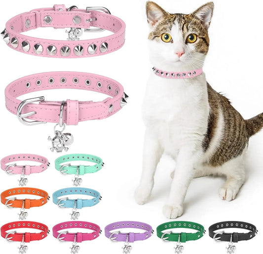Leather Cat & Small Dog Collar - Studded Skull Charm with Adjustable Safety Buckle and Bell