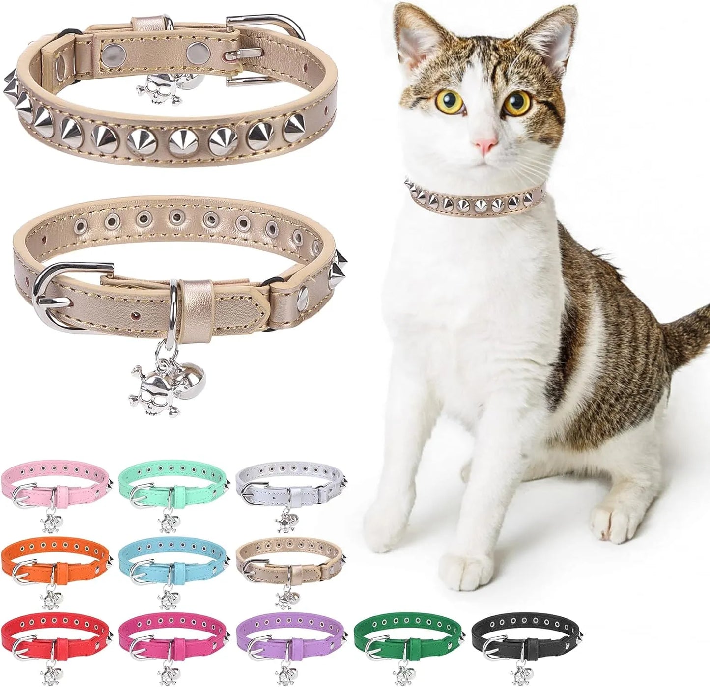 Leather Cat & Small Dog Collar - Studded Skull Charm with Adjustable Safety Buckle and Bell