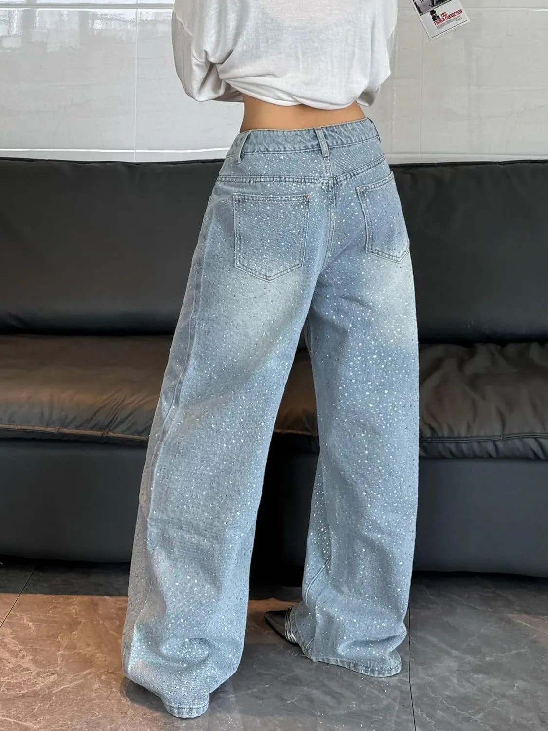 Womens Baggy  Bedazzled jeans Y2K Wide Leg Sparkly Bling Glitter Casual Denim Pants Trousers