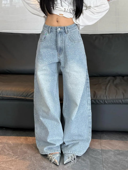 Womens Baggy  Bedazzled jeans Y2K Wide Leg Sparkly Bling Glitter Casual Denim Pants Trousers