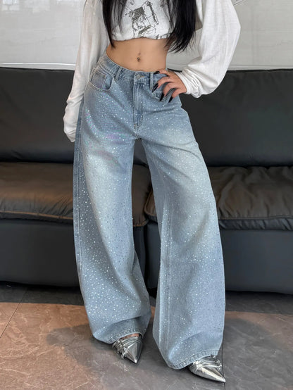Womens Baggy  Bedazzled jeans Y2K Wide Leg Sparkly Bling Glitter Casual Denim Pants Trousers