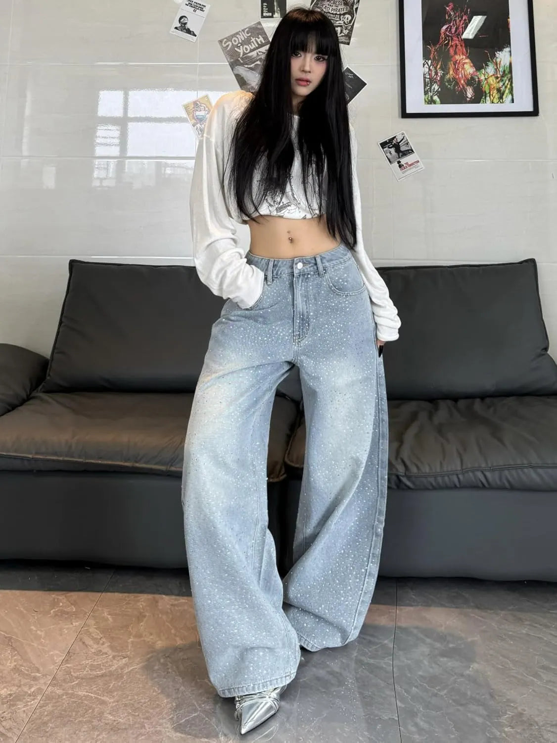 Womens Baggy  Bedazzled jeans Y2K Wide Leg Sparkly Bling Glitter Casual Denim Pants Trousers