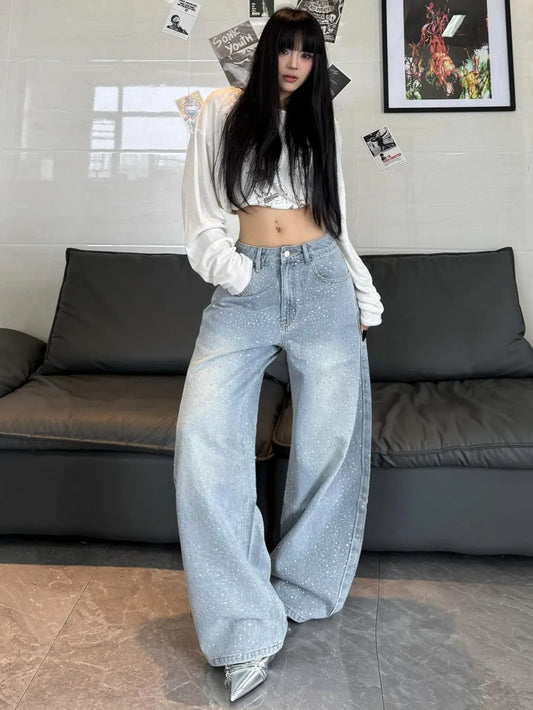 Womens Baggy  Bedazzled jeans Y2K Wide Leg Sparkly Bling Glitter Casual Denim Pants Trousers