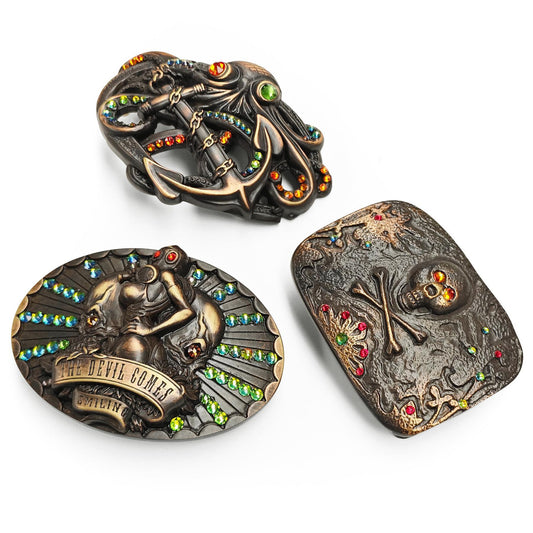 Rhinestone Unique Buckle Vintage Rustic Copper Skull Engraved Buckle Fits 1-1/2"(38mm) Belt (Fire Opal-Lt Siam-Vitrail Medium)