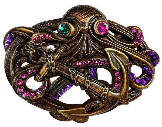 Rhinestone Copper Steampunk Pirate Octopus Kraken Boat Anchor Belt Buckle Fits 1-1/2"(38mm) Belt (Emerald - Fuchsia - Heliotrope)