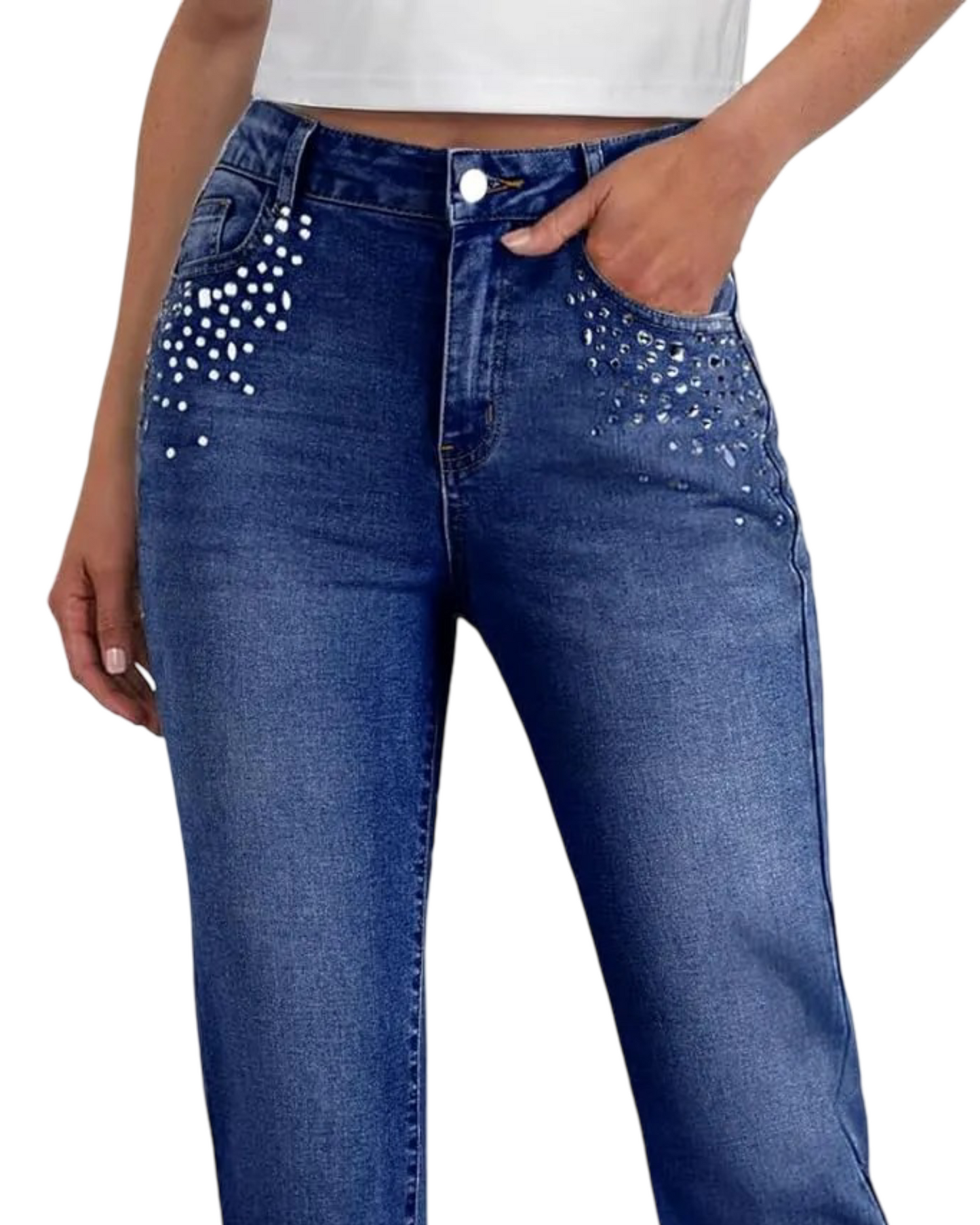 Women’s Rhinestone Straight Leg Jeans - High Waisted Stretch Wide Leg Sparkly Denim Pants