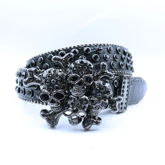 Belt Rhinestone Skull Belt – Black Studded Western Punk Style