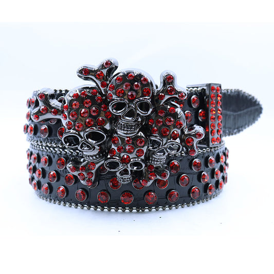 Red Rhinestone Skull Belt - Biker Gothic Statement Belt