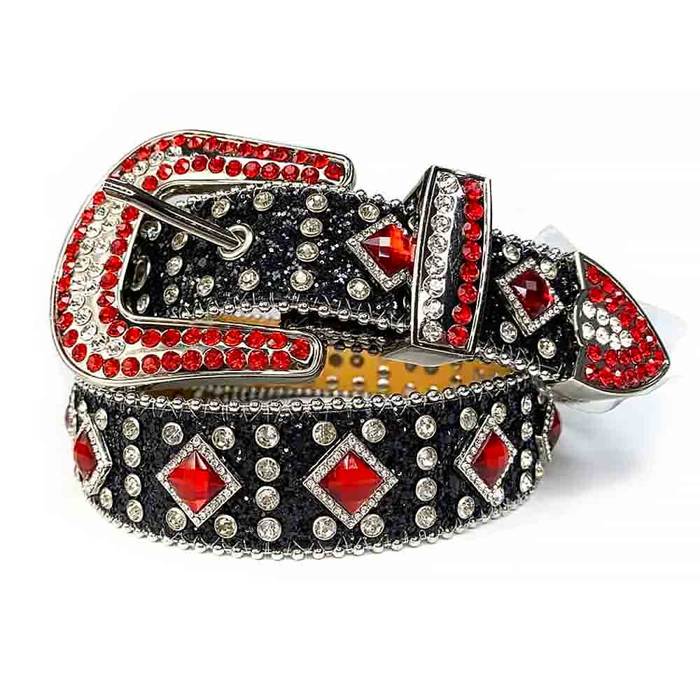 Black Strap With Big Red & Transparent Studded Rhinestone Belt