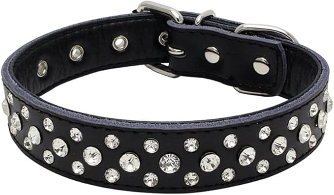 Adjustable Sparkly Crystal Studded Genuine Leather Pet Dog Collar for Small and Medium Dogs