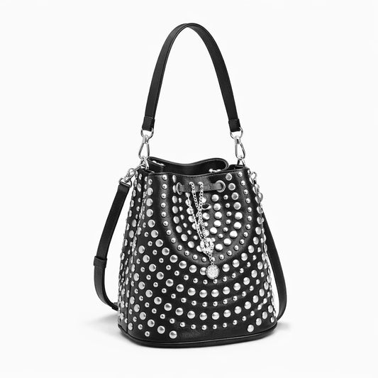 Women’s Studded Rhinestone Bucket Bag with Pearl Charm - Punk Rock Drawstring Leather Shoulder Bag