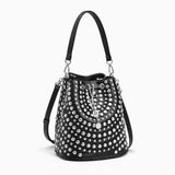 Women’s Studded Rhinestone Bucket Bag with Pearl Charm - Punk Rock Drawstring Leather Shoulder Bag