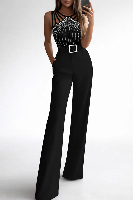 Sexy Rhinestone Waist-Cinching Bootcut Jumpsuit - Low Waist One-Piece Party Suit for Women
