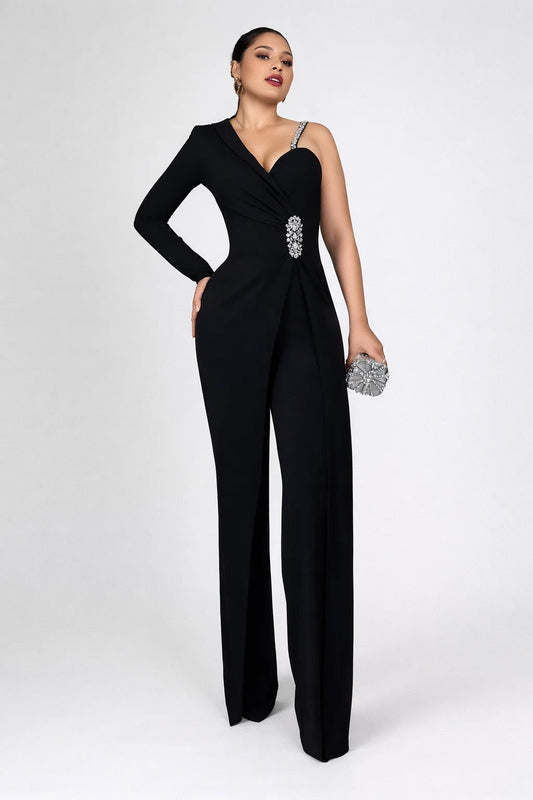 Elegant Rhinestone Patchwork Women’s Playsuit - Sexy Off-Shoulder Long Sleeve Party Jumpsuit
