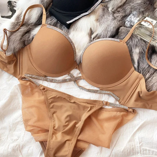 Sexy Rhinestone Push Up Bra Set for Women, Deep V Underwire Lingerie 2 Piece Solid Color Intimates