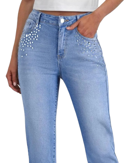 Women’s Rhinestone Straight Leg Jeans - High Waisted Stretch Wide Leg Sparkly Denim Pants